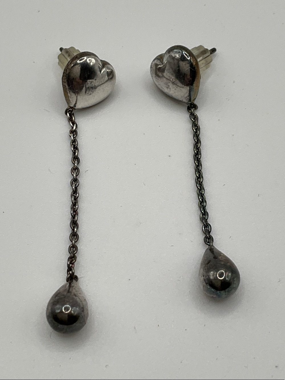 Sterling silver puffed heart drop earrings
